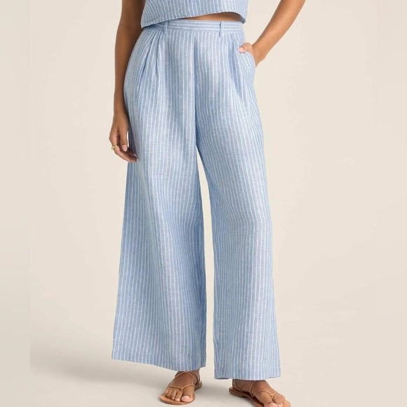 Anthropologie Vitamin A The Getaway Pant 100% Linen Blue Stripes Size Small - Picture 3 of 12